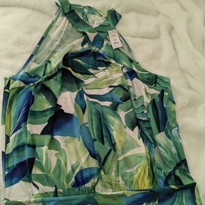 White House Black Market Green and Blue Leaf Print Blouse